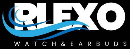Rlexo logo with watch and earbuds text on a black background